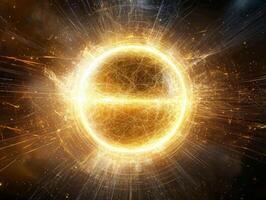 mesmerizing explosion of gold particles creates a luminous sphere, radiating energy as the particles disperse into the void, capturing cosmic wonder. photo