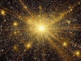 Golden particles burst forth in a mesmerizing explosion, forming a glowing sphere of light that radiates cosmic energy, creating a stunning spectacle in the darkness. photo