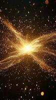 Witness a dazzling explosion of golden particles, with a brilliant core sending waves of shimmering light into the dark, cosmic expanse, embodying energy and motion. photo