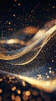 vibrant explosion of golden particles erupts, radiating from a bright core and filling the dark space with shimmering light, reflecting energy and beauty in every direction. photo