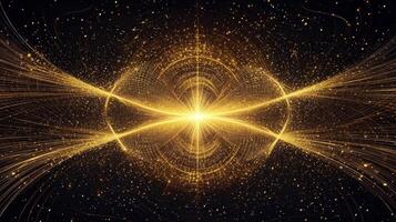 stunning display of golden particles bursts forth from a glowing center, radiating energy and dispersing in captivating waves across a dark void, evoking cosmic wonder. photo