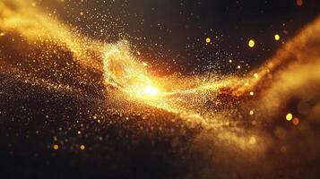 Golden particles erupt dynamically, dispersing from a glowing center in a vivid wave of energy, showcasing a breathtaking cosmic explosion in the darkness. photo