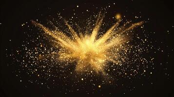 mesmerizing eruption of golden particles radiates from a bright center, dispersing in a wave of energy against a dark backdrop, evoking a cosmic wonder. photo