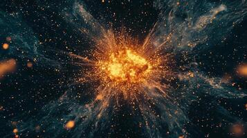 Golden particles erupt dramatically from a glowing center, dispersing in waves of energy that illuminate the surrounding darkness with a cosmic brilliance. photo