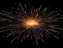 mesmerizing burst of golden particles expands outward, leaving glowing trails that radiate energy and heat. This stunning cosmic explosion captivates with its vibrant intensity. photo