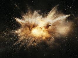 intense explosion of gold particles erupts outward, leaving glowing trails that radiate heat and energy in a striking cosmic display against a black background. photo