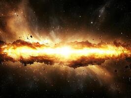 intense golden blast erupts in a cosmic landscape, sending particles outward with glowing trails, creating a mesmerizing spectacle of heat and energy against the black backdrop of space. photo