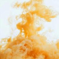 Delicate yellow smoke gracefully ascends, swirling and fading into the air on a pristine white backdrop. The scene captures a mesmerizing dance of vibrant hues and ethereal forms. photo
