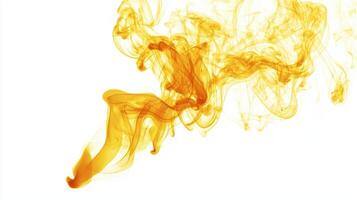 Soft, rich shades of golden-yellow intertwine as vaporous tendrils spiral upward. The tranquil movement against a white backdrop captivates and enchants the viewer. photo