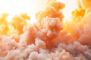 Vibrant orange smoke rises majestically, intertwining with soft, expanding edges, casting a warm glow against a bright white background that captivates the eye. photo