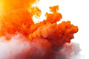 Thick orange smoke rises dramatically against a bright white backdrop, with deep shades of orange swirling and expanding, evoking energy and vibrance. photo