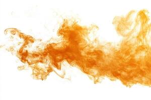An enchanting burst of thick orange smoke swirls gracefully upward, contrasting vividly with a bright white backdrop, inviting viewers into a world of captivating color and movement. photo
