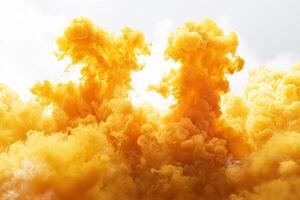 Thick yellow smoke rises dramatically, swirling and merging with varying opacities, creating a captivating and lively atmosphere against a white backdrop. photo
