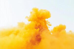 Bright yellow smoke ebbs and flows against a light backdrop, crafting a mesmerizing visual effect that evokes energy and creativity in a hyper-realistic style. photo