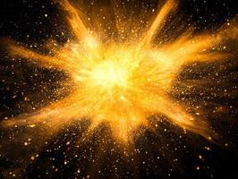 A striking burst of yellow dots and particles erupts from the center, creating a captivating glow against a dark backdrop. It emanates a powerful sense of energy and motion. photo