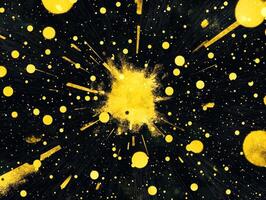 A vibrant explosion of yellow particles bursts forth from the center, creating a captivating sense of movement and energy against a black background, glowing brightly. photo