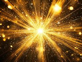 Bright yellow particles explode outward, creating a dynamic sense of energy against a deep black backdrop. The high contrast enhances the feeling of movement and vibrancy. photo