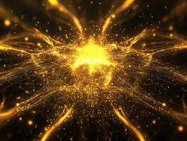 A vibrant explosion of yellow particles bursts forth, forming a dazzling sphere of energy that scatters particles outward in a cosmic display, illuminating the dark background with brilliance. photo