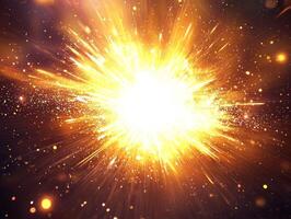 An explosion of vibrant yellow particles transforms into a luminous sphere, scattering particles dynamically into the dark void, creating a mesmerizing cosmic spectacle. photo