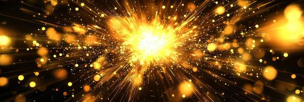 A vibrant explosion of yellow particles radiates energy and scatters outward, creating a stunning wave of light that captivates the cosmic darkness surrounding it. photo