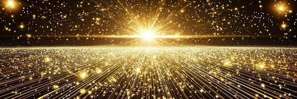 A stunning burst of bright yellow particles scatters energy in all directions, creating an energetic wave of light that captivates against the deep black backdrop. photo