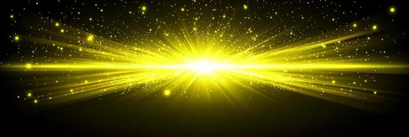 A mesmerizing explosion of yellow particles radiates energy, scattering outward in a dazzling wave of light. This cosmic burst creates an enchanting spectacle against a black background. photo