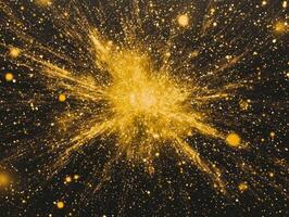 A vibrant explosion of yellow particles bursts forth, illuminating the dark cosmos with radiant energy and light, radiating outward in a stunning display of cosmic intensity. photo