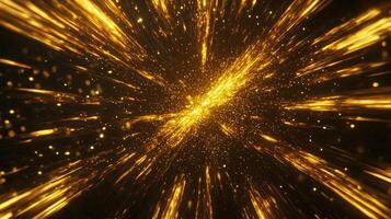 An intense eruption of yellow particles bursts forth from the center, scattering in glowing trails across a dark background, resembling cosmic energy in motion. photo