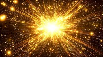 An intense eruption of yellow particles bursts forth from the core, scattering in vibrant trails across the dark backdrop, radiating cosmic energy and potential. photo
