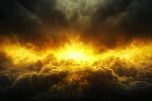 A vibrant burst of yellow particles radiates outward, illuminating the surrounding black space. The dynamic energy creates an awe-inspiring, imaginative spectacle, reminiscent of cosmic phenomena. photo