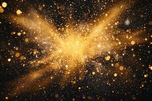 A vibrant burst of yellow particles radiates from a central point, creating a captivating spectacle of glowing dust and energetic trails against a deep black backdrop. photo