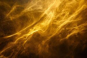 This captivating spectacle showcases a vibrant burst of yellow particles radiating outward, creating dynamic trails of glowing dust against a deep black background. photo