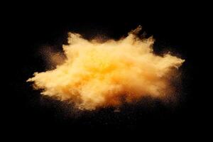 A brilliant burst of yellow particles expands outward, illuminating the darkness with glowing dust trails and energetic dispersion, captivating the viewer with its dynamic movement. photo