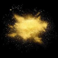 A powerful burst of golden particles erupts from an intense core, scattering shimmering dust outward into the darkness, creating a vivid, high-energy spectacle filled with brilliance. photo