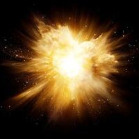 A dazzling golden explosion bursts forth from a vibrant core, scattering shimmering particles across the dark expanse, creating a breathtaking display of light and energy. photo