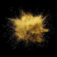 Radiating vibrant energy, the golden explosion releases a cascade of glittering particles that dance outward in all directions, creating a mesmerizing spectacle against the darkness. photo