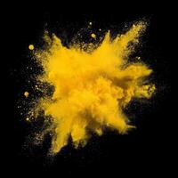 A powerful yellow explosion of particles erupts, dispersing energetically in every direction. The radiant core creates a striking contrast against the deep black background, evoking a cosmic energy. photo