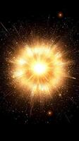 A vibrant explosion of yellow particles radiates against a black backdrop, creating a mesmerizing wave of energy and light as it radiates outward, resembling a cosmic phenomenon. photo