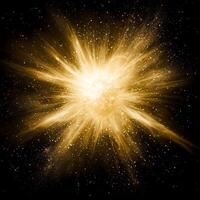 A dazzling burst of yellow particles radiates outward with explosive energy, creating a magnificent display against a deep black background, capturing the vastness of cosmic phenomena. photo