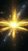 A magnificent burst of yellow particles erupts at the center, sending waves of radiant energy scattering outward against a dark cosmic backdrop, evoking wonder and excitement. photo
