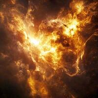 A powerful yellow explosion ignites with a radiant core, sending luminous particles racing outward in a magnificent display that evokes cosmic energy and wonder. photo