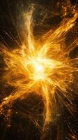 A dynamic display of yellow particles bursts forth, creating a radiant wave of energy that scatters outward, illuminating the darkness of space with vibrant bursts. photo