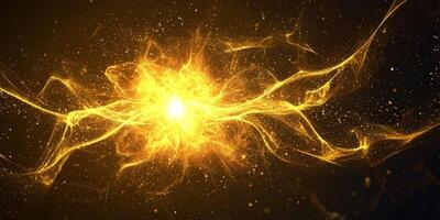 A stunning explosion of yellow particles bursts forth from a glowing core, creating an energetic wave of light and cosmic dust that captivates the viewer's imagination. photo
