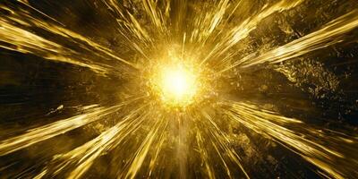 A captivating explosion of yellow particles erupts from a glowing center, sending a radiant wave of light and dust flowing outward, capturing the essence of cosmic energy. photo