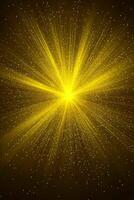 An enchanting burst of yellow particles erupts from a central point, scattering glowing dust across a dark expanse, showcasing radiant energy in a mesmerizing display. photo