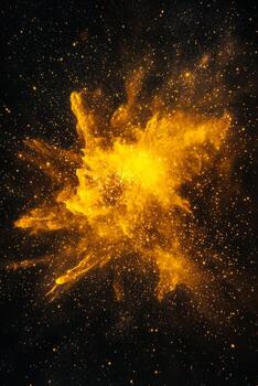 A stunning burst of yellow particles explodes outward, scattering glowing dust in all directions across a dark background, creating a mesmerizing cosmic effect. photo