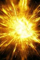A dynamic yellow explosion unfolds at its center, sending glowing particles outward in a mesmerizing dance. Dust and energy radiate into the dark, captivating the viewer's attention. photo
