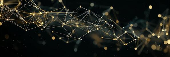 Golden particles gracefully connect to create a web-like geometric structure on a deep black canvas, embodying a futuristic digital artwork of stunning complexity. photo