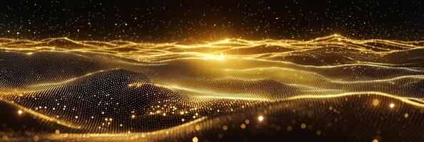 An intricate geometric pattern of glowing golden particles emerges, forming a web-like design set against a striking dark background, evoking a sense of high-tech artistry and depth. photo