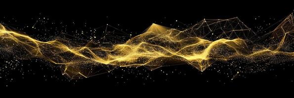Golden particles softly glow and intertwine, forming an intricate web of geometric patterns in a dark space. This digital masterpiece evokes a sense of futuristic elegance and innovation. photo